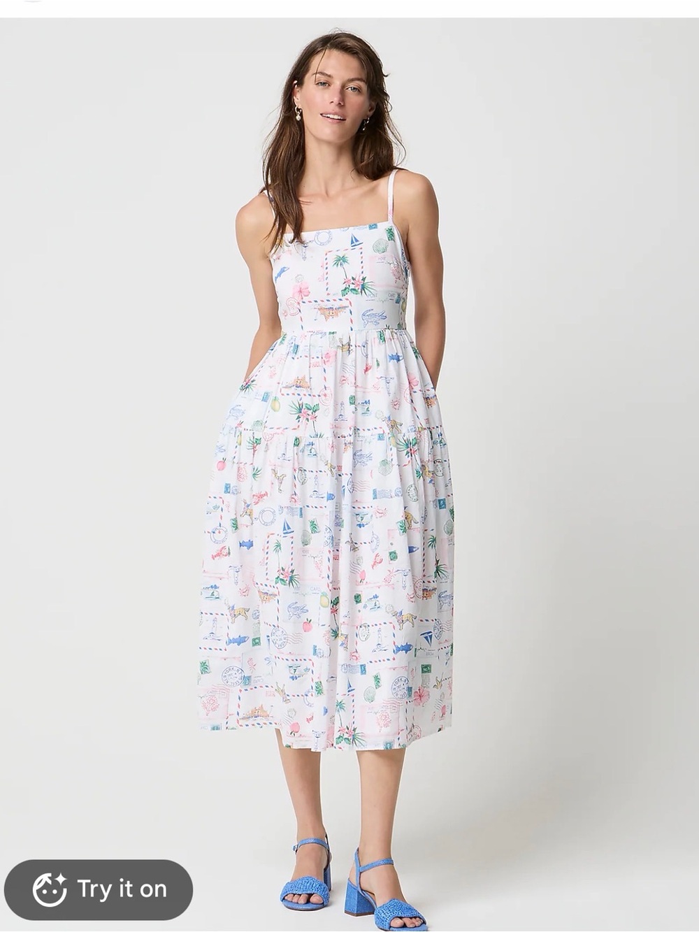 J. Crew Factory White Midi Dress with Blue and Pink Print